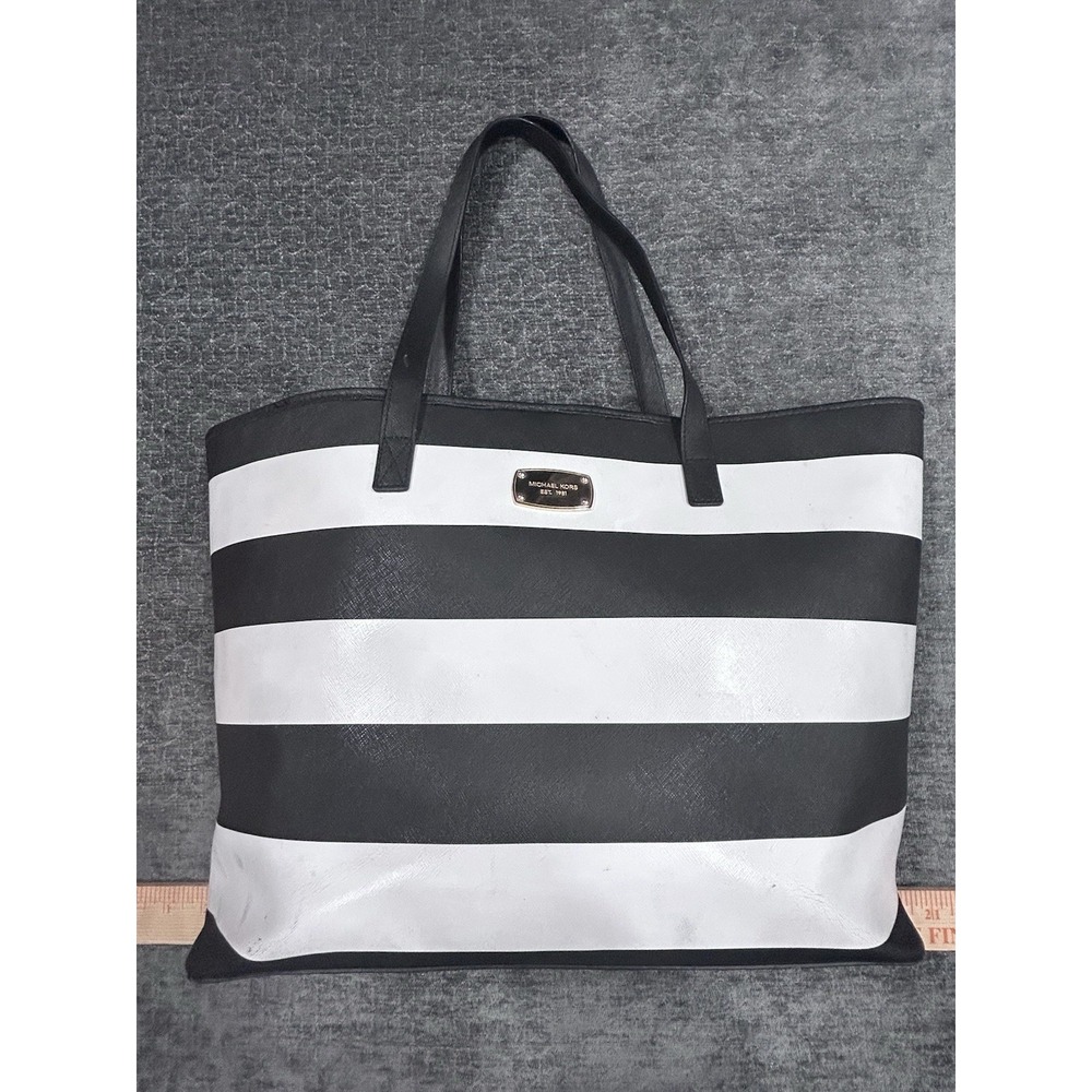 Michael Kors Black White Striped Large Tote Bag Shopper Shoulder Purse
